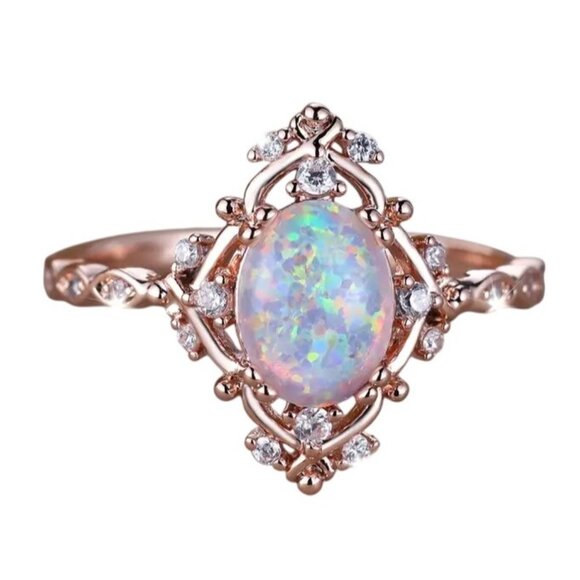 White Egg Shape Opal Rings Ethiopian Fire Opal Engagement Ring 14K Gold plated - Picture 1 of 5